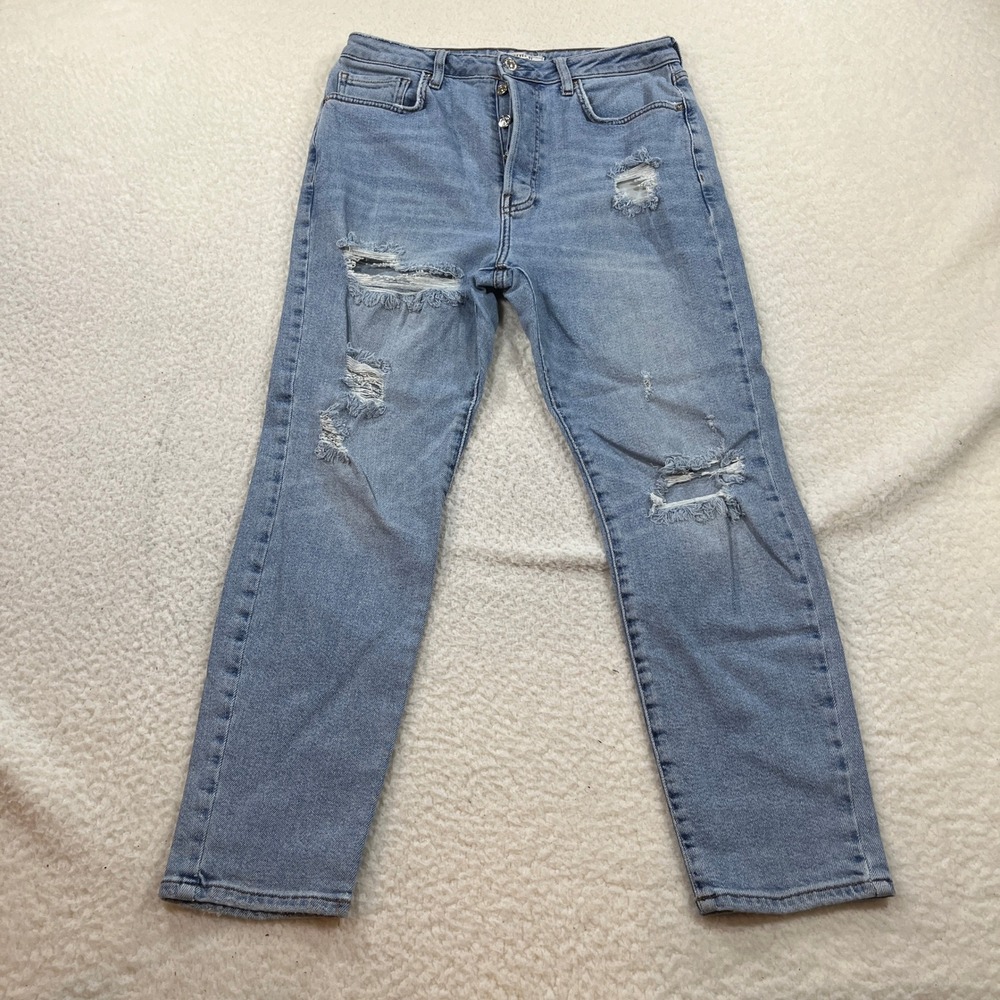 Forever 21 Jeans Mens 30 Light Blue Distressed Button Fly Straight Leg Denim